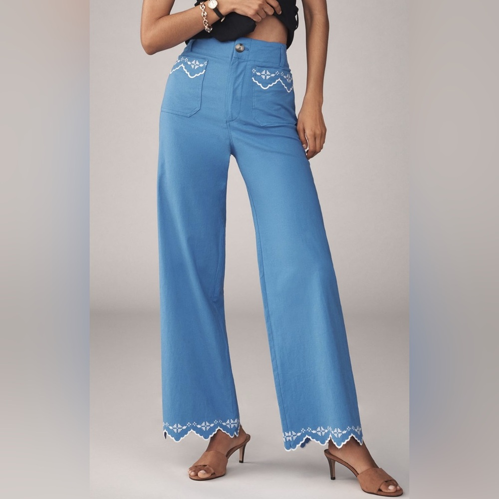 THE COLETTE LACE TRIM FULL-LENGTH WIDE-LEG PANTS MAEVE in Bright Cornflower NEW